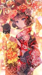 Rule 34 | 1girl, architecture, basket, chinese lantern (plant), closed mouth, commentary request, cowboy shot, east asian architecture, eyebrows hidden by hair, fate/grand order, fate (series), festival, floating, floating object, floral print, from side, glass, hair ornament, hands up, head tilt, highres, holding, holding basket, japanese clothes, katsushika hokusai (fate), kimono, light particles, looking at viewer, looking to the side, night, octopus, plant, potted plant, print kimono, purple eyes, purple hair, rioka (southern blue sky), short hair, smile, tanzaku, tokitarou (fate), v-shaped eyebrows, wavy hair, wide sleeves, wind chime, yukata