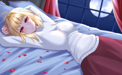 Rule 34 | 1girl, ahoge, arcueid brunestud, arm behind head, arm up, arms up, bed, blonde hair, breasts, full moon, large breasts, looking at viewer, lying, moon, on back, purple skirt, red eyes, rinko riban, self-upload, short hair, skirt, smile, solo, sweater, tsukihime, white sweater