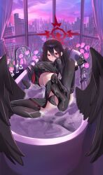 Rule 34 | 1girl, absurdres, bath, bathing, bathroom, bathtub, black gloves, black hair, black panties, black wings, blue archive, blush, breasts, brown rat, building, cameltoe, city, cleft of venus, clothed bath, curtains, faucet, feathered wings, feathers, feet, flower, gloves, hasumi (blue archive), highres, indoors, large breasts, leg up, long hair, long sleeves, looking at viewer, making-of available, midriff, paid reward available, panties, partially submerged, purple eyes, soap bubbles, solo, underboob, underwear, very long hair, wet, wet clothes, window, wings