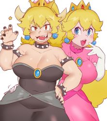 Rule 34 | 2girls, arm around waist, bad id, bad twitter id, black dress, black nails, blonde hair, blue eyes, bowsette, dress, earrings, elbow gloves, finger to mouth, fingernails, gloves, highres, horns, jewelry, long hair, mario (series), multiple girls, nail polish, new super mario bros. u deluxe, nintendo, ponytail, princess peach, red eyes, sanjiro (tenshin anman), sharp fingernails, sidelocks, simple background, star (symbol), super crown, thick arms, transformation, white background