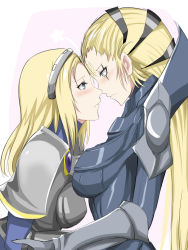 Rule 34 | 2girls, armor, blonde hair, blue eyes, blush, breastplate, breasts, capelet, diana (league of legends), eye contact, facial mark, forehead mark, hairband, height difference, highres, hug, kumiko shiba, large breasts, league of legends, long hair, looking at another, lux (league of legends), multiple girls, tears, very long hair, yuri
