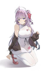 Rule 34 | 1girl, absurdres, ahoge, azur lane, bare shoulders, brown cardigan, cardigan, closed mouth, dress, flantia, full body, hair ornament, hair ribbon, hand up, hat, heart, highres, kneeling, long hair, long sleeves, looking at viewer, mary janes, nurse cap, off shoulder, official alternate costume, one side up, pantyhose, pink footwear, pink ribbon, purple eyes, purple hair, ribbon, shoes, simple background, sleeveless, sleeveless dress, smile, solo, unicorn (angelic nurse) (azur lane), unicorn (azur lane), white background, white dress, white pantyhose