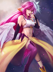 Rule 34 | 10s, 1girl, angel wings, asymmetrical legwear, bad deviantart id, bad id, breasts, bridal gauntlets, spiked halo, crop top, cross, feathered wings, gloves, halo, highres, jibril (no game no life), lipstick, long hair, low wings, magic circle, makeup, midriff, mismatched legwear, multicolored eyes, navel, no game no life, orange eyes, parted lips, pink hair, red eyes, red lips, shobey1kanoby, sideboob, socks, solo, striped clothes, striped socks, striped thighhighs, symbol-shaped pupils, thighhighs, very long hair, white wings, wing ears, wings, yellow eyes