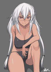Rule 34 | 1girl, alternate costume, alternate hairstyle, bikini, black bikini, breasts, cleavage, dark-skinned female, dark skin, feet out of frame, glasses, grey background, hair between eyes, highres, kantai collection, large breasts, musashi (kancolle), platinum blonde hair, red eyes, solo, swimsuit, t2r, tall, twintails