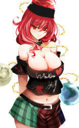 Rule 34 | 1girl, arm behind back, bare shoulders, belt, black belt, black choker, black shirt, blue skirt, breasts, chain, choker, cleavage, clothes writing, commentary request, cowboy shot, crop top, earth (ornament), eyelashes, green skirt, hair between eyes, heart, hecatia lapislazuli, highres, large breasts, long hair, looking at viewer, midriff, miniskirt, moon (ornament), multicolored clothes, multicolored skirt, navel, no nose, off-shoulder shirt, off shoulder, plaid, plaid skirt, raptor7, red eyes, red hair, red skirt, shirt, short sleeves, simple background, skirt, smile, solo, standing, t-shirt, touhou, white background