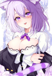 Rule 34 | 1girl, animal ear fluff, animal ears, arm under breasts, blush, breasts, cat ears, cat girl, cat tail, cleavage, cleavage cutout, clothing cutout, collared shirt, heart on chest, hololive, jacket, kuronamialice, large breasts, looking at viewer, medium hair, nekomata okayu, nekomata okayu (wonderland), official alternate costume, purple eyes, purple hair, purple jacket, shirt, smile, solo, tail, tongue, tongue out, virtual youtuber, white shirt