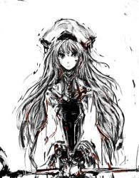 Rule 34 | 1girl, blood, blood in hair, blood on clothes, blood on face, blood on hands, closed mouth, facing viewer, goblin slayer!, hat, holding, holding staff, long hair, long sleeves, looking at viewer, merpperoni, priestess, priestess (goblin slayer!), simple background, solo, spot color, staff, very long hair, white background, wide sleeves