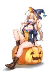 Rule 34 | 1girl, ahoge, akiyama yoko, ankle boots, arm support, blonde hair, boots, bow, breasts, brown footwear, candy, choker, cleavage, clothing cutout, cross-laced footwear, dress, food, food in mouth, full body, halloween, halloween costume, hat, highres, holding, holding candy, holding food, holding lollipop, jack-o&#039;-lantern, knee up, lace-up boots, lollipop, long hair, long sleeves, looking at viewer, medium breasts, official art, pale skin, pink eyes, pumpkin, saguri-chan tankentai, shinobima saguri, short dress, shoulder cutout, simple background, sitting, solo, swirl lollipop, white background, witch hat