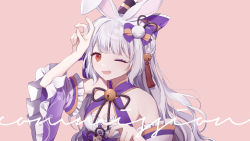 Rule 34 | 1girl, animal ears, arm up, bare shoulders, bell, bow, breasts, brown background, brown eyes, cleavage, commission, detached sleeves, frilled bow, frilled sleeves, frills, grey hair, hair bow, highres, jingle bell, long hair, long sleeves, looking at viewer, medium breasts, moffle (ayabi), one eye closed, open mouth, original, purple bow, purple sleeves, rabbit ears, simple background, solo, upper body, wide sleeves