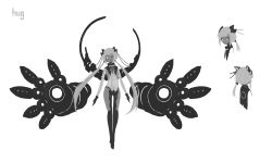 Rule 34 | 1girl, absurdres, black gloves, butterfly hair ornament, gloves, greyscale, hair ornament, highres, long hair, looking at viewer, low twintails, monochrome, multiple views, one eye closed, original, ribs, see-through, spine, standing, susudust, twintails, white hair