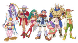 Rule 34 | 4boys, 4girls, armor, blue eyes, breasts, brown hair, closed mouth, dress, earrings, feena (grandia), gadwin (grandia), gloves, grandia, grandia i, green eyes, green hair, guido (grandia), hair ornament, hair tubes, hat, jewelry, justin (grandia), layered sleeves, liete (grandia), lineup, long hair, looking at viewer, medium breasts, midriff, milda (grandia), multiple boys, multiple girls, open mouth, pointy ears, poppoqo, purple hair, puui (grandia), rapp (grandia), red hair, simple background, smile, sue (grandia), sword, weapon, weapon on back, white background