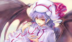 Rule 34 | 1girl, ascot, bat wings, blue hair, capelet, chopsticks, curiosities of lotus asia, dress, eating, food, food on face, hat, hat ribbon, kiyama satoshi, long sleeves, looking at viewer, nattou, open mouth, pointy ears, red eyes, remilia scarlet, ribbon, smile, solo, touhou, upper body, white dress, wings
