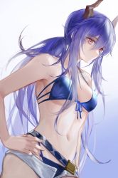 Rule 34 | 1girl, absurdres, arknights, bare arms, bare shoulders, belt, bikini, blue bikini, blue hair, breasts, ch&#039;en (arknights), ch&#039;en the holungday (arknights), ch&#039;en the holungday (elite ii) (arknights), chinese commentary, cleavage, closed mouth, commentary request, cowboy shot, dragon horns, front-tie bikini top, front-tie top, gradient background, grey shorts, hair between eyes, hair ornament, hand on own hip, highleg, highleg bikini, highres, horns, long hair, looking at viewer, medium breasts, navel, official alternate costume, qiangjitong, red eyes, short shorts, shorts, sideways glance, solo, standing, stomach, swimsuit, very long hair, white background