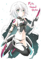 Rule 34 | 1girl, bandaged arm, bandaged hand, bandages, bare shoulders, black cloak, black footwear, black gloves, black panties, black shirt, black thighhighs, boots, breasts, cloak, closed mouth, copyright name, dagger, dual wielding, elbow gloves, fate/apocrypha, fate/grand order, fate (series), fingerless gloves, full body, gloves, green eyes, groin, hair between eyes, holding, holding dagger, holding knife, holding weapon, jack the ripper (fate/apocrypha), knife, motoi ayumu, navel, panties, shirt, simple background, single glove, sleeveless, sleeveless shirt, small breasts, solo, thigh boots, thighhighs, underwear, weapon, white background, white hair