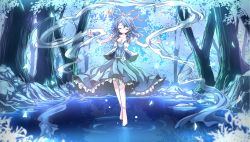 Rule 34 | 1girl, anklet, barefoot, blue dress, blue hair, breasts, cleavage, collarbone, dress, closed eyes, forest, hair ornament, hair rings, hair stick, highres, jewelry, kaku seiga, lake, moonlight, nature, night, open clothes, open vest, outstretched arms, puffy sleeves, risutaru, shawl, short sleeves, solo, touhou, vest