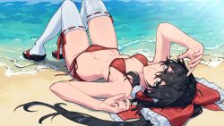 Rule 34 | 1girl, armpits, beach, bikini, black eyes, black hair, bow, breasts, closed mouth, commission, day, full body, hair between eyes, hair bow, hair tubes, hakurei reimu, highres, himadera, long hair, looking at viewer, lying, ocean, on back, outdoors, red bikini, red bow, revision, side-tie bikini bottom, sidelocks, skeb commission, solo, swimsuit, thighhighs, touhou, twitter username, water, white thighhighs