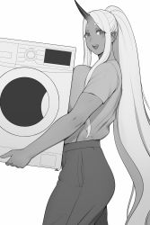 Rule 34 | 1girl, absurdly long hair, blush, breast press, breasts, bushu (lvl), carrying, clothes dryer, commentary, cowboy shot, english commentary, eyes visible through hair, from side, greyscale, highres, horns, huge breasts, jpeg artifacts, long hair, looking at viewer, lvl (sentrythe2310), monochrome, original, outline, pants, parted bangs, pointy ears, short eyebrows, short sleeves, sidelocks, simple background, single horn, smile, solo, strong, strong woman, talking, teeth, very long hair, walking, white background