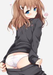 Rule 34 | 1girl, ass, bad id, bad twitter id, black pants, black sweater, blue eyes, blush, brown hair, clothes pull, grey background, hair ornament, hairclip, highres, long hair, looking back, original, panties, pants, pants pull, pulling own clothes, sasahara wakaba, simple background, solo, speech bubble, sweater, underwear, undressing, white panties