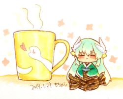 Rule 34 | 1girl, candy, chibi, cup, dated, fate/grand order, fate (series), food, green hair, horns, japanese clothes, kimono, kiyohime (fate), long hair, mini person, minigirl, motimotimeshi, mug, patterned background, signature, sleeves past wrists, smile, steam, traditional media, watercolor pencil (medium), wrapped candy