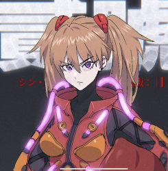 Rule 34 | 1girl, alternate hairstyle, angry, artist request, bodysuit, breasts, brown hair, evangelion: 3.0+1.0 thrice upon a time, hair between eyes, hair ornament, helmet, highres, holding, holding helmet, interface headset, lips, looking at viewer, medium breasts, neon genesis evangelion, neon lights, official alternate costume, plugsuit, rebuild of evangelion, serious, shiny clothes, skin tight, solo, souryuu asuka langley, tsundere, twintails, upper body