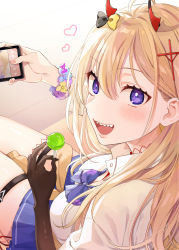Rule 34 | 1girl, :d, absurdres, ahoge, asymmetrical sleeves, azur lane, black gloves, blonde hair, blush, bow, bowtie, breasts, brown cardigan, candy, cardigan, cardigan around waist, cellphone, choker, cleavage, clothes around waist, collared shirt, commentary request, cross hair ornament, elbow gloves, food, gloves, gyaru, hair between eyes, hair bow, hair ornament, heart, highres, holding, holding food, holding phone, horns, kumano (azur lane), large breasts, lollipop, long hair, looking at viewer, loose bowtie, miniskirt, nail polish, omaru (0marufestival), oni horns, open mouth, phone, pink nails, pleated skirt, pov, purple bow, purple bowtie, purple eyes, purple skirt, red choker, scrunchie, sharp teeth, shirt, side-tie peek, sidelocks, single elbow glove, sitting, skindentation, skirt, smartphone, smile, solo, teeth, thigh strap, uneven sleeves, upper teeth only, white shirt, wrist scrunchie
