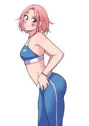Rule 34 | 1girl, absurdres, akiosketch, ass, blue pants, blue sports bra, blush, bracelet, breasts, closed mouth, emma (akiosketch), from side, highres, jewelry, looking at viewer, original, pants, pink hair, purple eyes, short hair, simple background, small breasts, solo, sports bra, white background, yoga pants