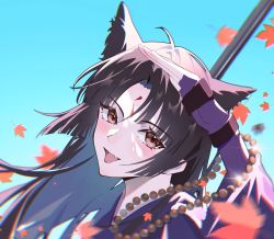 Rule 34 | 1girl, :d, animal ears, arknights, arm up, autumn leaves, beads, black hair, blue sky, brown eyes, canghaiyisu, day, dog ears, facial mark, falling leaves, fang, fingerless gloves, forehead mark, gloves, highres, leaf, long hair, looking at viewer, maple leaf, motion blur, open mouth, outdoors, parted bangs, purple gloves, saga (arknights), skin fang, sky, smile, solo, sparkle, upper body, wind