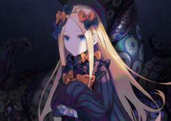 Rule 34 | 1girl, abigail williams (fate), absurdres, black bow, black dress, black headwear, blue eyes, bow, dark background, dress, expressionless, fate/grand order, fate (series), hair bow, highres, holding, holding stuffed toy, long hair, looking at viewer, multiple hair bows, orange bow, parted bangs, parted lips, sleeves past fingers, sleeves past wrists, slit pupils, solo, stuffed animal, stuffed toy, suction cups, teddy bear, tentacles, upper body, user avhw7788