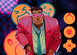 Rule 34 | 1boy, :/, ace attorney, aqua necktie, badge, black background, black hair, button badge, checkered background, commentary, dick gumshoe, english commentary, facial hair, fingerprint, glasses, goatee stubble, hands on own hips, highres, jacket, kukustar (kukuu), leaning forward, looking at viewer, necktie, open clothes, open jacket, pink-framed eyewear, pink jacket, raised eyebrow, round eyewear, shirt, short hair, signature, stubble, white shirt