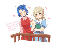 Rule 34 | 1boy, 2girls, :d, ^ ^, arms behind back, baby, bad id, bad pixiv id, blue dress, blue hair, blush, brown eyes, brown hair, closed eyes, closed mouth, collared dress, collared shirt, copyright name, dress, emily (stardew valley), heart, idolmaster, idolmaster cinderella girls, long hair, morikubo nono, mother and daughter, multiple girls, open mouth, pacifier, pink shirt, puffy short sleeves, puffy sleeves, red dress, ringlets, shirt, short sleeves, simple background, sleeveless, sleeveless dress, smile, stardew valley, teeth, translation request, uccow, upper teeth only, white background, wife and wife