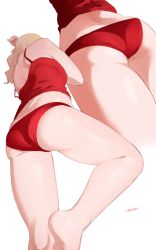 Rule 34 | 1girl, arm up, artist name, ass, blonde hair, camisole, commentary, cropped legs, english commentary, highres, leg up, long hair, midriff, multiple views, original, panties, red camisole, red panties, ryusei hashida, signature, simple background, skindentation, standing, underwear, underwear only, white background