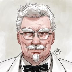 Rule 34 | 1boy, agemmata, beard, black-framed eyewear, black bow, blazer, bow, bowtie, closed mouth, collared shirt, colonel sanders, dated, dress shirt, facial hair, forehead, furrowed brow, glasses, goatee, jacket, kfc, lips, looking at viewer, male focus, manly, mustache, nose, old, old man, photoshop (medium), portrait, shirt, short hair, signature, simple background, solo, thick eyebrows, white hair, white jacket, white shirt, wrinkled skin