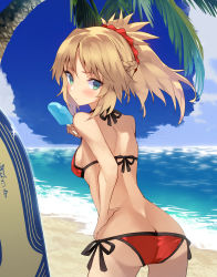 Rule 34 | 1girl, ass, bare arms, bare shoulders, beach, bikini, blonde hair, blue sky, blush, breasts, butt crack, closed mouth, cloud, commentary request, day, fate/grand order, fate (series), food, green eyes, hair between eyes, halterneck, hand on own hip, highres, holding, holding food, horizon, leaning forward, long hair, looking at viewer, looking back, medium breasts, mordred (fate), mordred (fate) (all), mordred (fate/apocrypha), mordred (swimsuit rider) (fate), mordred (swimsuit rider) (first ascension) (fate), nuqura, ocean, outdoors, palm tree, parted bangs, ponytail, popsicle, red bikini, sand, side-tie bikini bottom, sideboob, sky, solo, string bikini, surfboard, swimsuit, tree, water