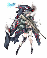 Rule 34 | 1girl, ace virgin, aircraft, airplane, b-1 lancer, belt, black footwear, blue eyes, boots, broken, burning, camouflage, camouflage jacket, camouflage skirt, clenched teeth, copyright name, fhalei, finger on trigger, frills, full body, grey hair, gun, hair between eyes, heavy bomber, helmet, high heel boots, high heels, highres, holding, holding gun, holding weapon, jacket, knee boots, logo, long hair, long sleeves, looking at viewer, machinery, mecha musume, midriff, muzzle device, navel, north american rockwell, penetrator (aircraft), pleated skirt, rifle, rockwell international, scope, skirt, skull, smoke, sniper rifle, solo, standing, strategic bomber, supersonic aircraft, teeth, torn clothes, very long hair, weapon, weapon request, white background