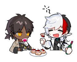 Rule 34 | 2boys, arknights, black hair, black shirt, bottle, bright pupils, brown jacket, chibi, closed eyes, commentary, cup, dark-skinned male, dark skin, drinking, drinking glass, drooling, eating, elysium (arknights), feather hair, food, food request, gloves, hand up, holding, holding bottle, holding cup, jacket, jewelry, looking at viewer, male focus, multicolored hair, multiple boys, necklace, nsi (2312 0120), open mouth, plate, red hair, shirt, short hair, short ponytail, simple background, squeans, thorns (arknights), undershirt, white background, white gloves, white hair, white jacket, white pupils, white shirt, wine bottle, wine glass, yellow eyes