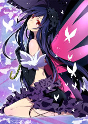 Rule 34 | 10s, 1girl, accel world, akishima kei, bad id, bad pixiv id, black hair, bug, butterfly, butterfly wings, detached sleeves, elbow gloves, gloves, insect, insect wings, kneeling, kuroyukihime, long hair, red eyes, solo, umbrella, very long hair, wings