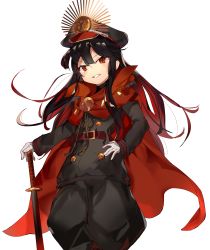 Rule 34 | 1girl, absurdres, black hair, black hat, cape, crest, family crest, fate/grand order, fate (series), gloves, hat, highres, koha-ace, long hair, oda nobunaga (fate), oda nobunaga (koha-ace), peaked cap, portrait, red cape, red eyes, same (sendai623), simple background, solo, white background, white gloves