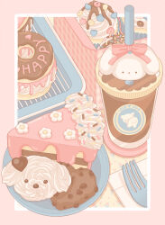Rule 34 | absurdres, animal-themed food, border, cake, cake slice, coffee, commentary, cookie, cupcake, doughnut, english commentary, english text, food, food focus, fork, highres, iced coffee, icing, napkin, nekomaru0817, no humans, original, pastel colors, picnic basket, pink background, plate, scenery, simple background, sprinkles, sweets, tray