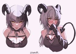 Rule 34 | 1girl, black hair, black horns, black tail, blush, breasts, chest belt, choker, cleavage, coat, covering own mouth, demon girl, demon horns, demon tail, fang, from side, glowing, glowing eyes, grey hair, grin, hair ornament, highres, holoadvent, hololive, hololive english, horns, looking at viewer, medium breasts, multicolored hair, multiple views, open mouth, shiori novella, shiori novella (1st costume), simple background, smile, solo, split-color hair, sumosumo, tail, tongue, tongue out, twitter username, two side up, upper body, virtual youtuber, white background, yellow eyes