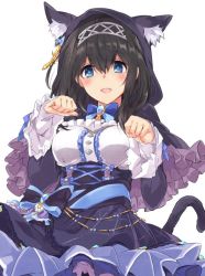 Rule 34 | 1girl, animal ears, animal hood, black hair, blue bow, blue dress, blue eyes, blue ribbon, blush, bow, breasts, brooch, capelet, cat ears, cat tail, corset, crescent, crescent pin, cross-laced clothes, diadem, dress, frills, hair between eyes, halloween costume, hood, idolmaster, idolmaster cinderella girls, jewelry, large breasts, long hair, looking at viewer, open mouth, paw pose, ribbon, sagisawa fumika, simple background, smile, solo, spider web print, tail, underbust, white background, yabudatami