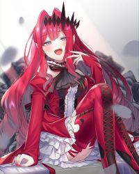 Rule 34 | 1girl, absurdres, baobhan sith (fate), baobhan sith (first ascension) (fate), bare shoulders, boots, breasts, center frills, crossed legs, detached collar, detached sleeves, dress, earrings, fate/grand order, fate (series), frills, grey eyes, highres, hoshino reiji, jewelry, large breasts, long hair, looking at viewer, open mouth, pink hair, pointy ears, red dress, red footwear, sidelocks, sitting, smile, solo, thigh boots, thighs, tiara