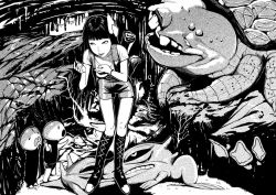 Rule 34 | 1girl, bad id, bad pixiv id, black hair, boots, breasts, cave, fantasy, greyscale, knee boots, long hair, monochrome, monster, original, otorih, plant, ribbon, rock, shorts, solo, teeth