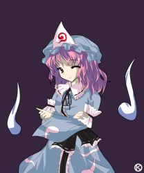 Rule 34 | 1girl, alphes (style), breasts, female focus, ghost, hat, hitodama, japanese clothes, kaoru (gensou yuugen-an), light smile, one eye closed, parody, pink eyes, pink hair, saigyouji yuyuko, simple background, smile, solo, style parody, touhou, triangular headpiece, wink