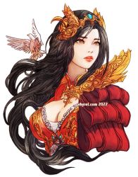 Rule 34 | 1girl, alternate costume, bird, black hair, breasts, brown eyes, cleavage, dove, dress, final fantasy, final fantasy ix, garnet til alexandros xvii, hair ornament, large breasts, long hair, looking to the side, orange dress, ornate clothes, parted bangs, parted lips, portrait, solo, upper body, vhyrel, wavy hair, white background