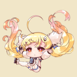 Rule 34 | 1girl, :o, azur lane, bare shoulders, black footwear, blonde hair, blurry, blurry background, blush, breasts, brown background, chibi, commentary request, depth of field, detached sleeves, dress, eldridge (azur lane), facial mark, fur trim, gradient hair, hair ornament, long hair, long sleeves, multicolored hair, orange hair, outstretched arms, parted lips, pikomarie, puffy long sleeves, puffy sleeves, red eyes, shoes, simple background, sleeveless, sleeveless dress, small breasts, solo, spread arms, thighhighs, twintails, very long hair, white dress, white thighhighs