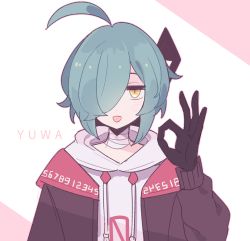 Rule 34 | 1boy, ahoge, aliceyawnin, aqua hair, bags under eyes, bandaged neck, bandages, black gloves, brown jacket, character name, closed mouth, drawstring, gloves, hair over one eye, half-closed eyes, hand up, highres, hood, hoodie, jacket, long sleeves, looking at viewer, male focus, ok sign, open clothes, open jacket, original, outline, pink outline, short hair, simple background, solo, straight-on, sweater, tongue, tongue out, two-tone background, upper body, white background, white hoodie, white sweater, yellow eyes, yuwa (clarevoir)