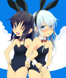 Rule 34 | 10s, 2girls, akatsuki (kancolle), animal ears, black hair, blue eyes, blush, bow, bowtie, breasts, brown hair, cleavage, detached collar, fake animal ears, hibiki (kancolle), ishikkoro, kantai collection, locked arms, long hair, looking at viewer, multiple girls, one eye closed, open mouth, playboy bunny, rabbit ears, short hair, silver hair, small breasts, smile, sweatdrop, wrist cuffs