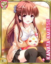 Rule 34 | 1girl, amatsu kanata, bedroom, black skirt, black thighhighs, breasts, brown hair, card (medium), cleavage, day, girlfriend (kari), hair ornament, hair scrunchie, indoors, long hair, looking at viewer, official art, open mouth, pleated skirt, qp:flapper, red eyes, scrunchie, shirt, sitting, skirt, smile, solo, stuffed toy, sweater, thighhighs, white shirt, yellow sweater, zettai ryouiki