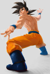 Rule 34 | 1boy, bad id, bad pixiv id, black hair, blue footwear, boots, brown eyes, dragon ball, dragonball z, full body, highres, male focus, muscular, open mouth, saiyan, topless male, smile, solo, son goku, stance, supobi, wristband