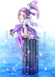 Rule 34 | 1girl, arm warmers, boots, bow, cure sword, curly hair, dokidoki! precure, earrings, full body, hair ornament, high heels, highres, jewelry, kenzaki makoto, magical girl, pillar, precure, purple eyes, purple footwear, purple hair, purple skirt, purple theme, purple thighhighs, short hair, side ponytail, skirt, solo, spade (shape), spade earrings, spade hair ornament, thigh boots, thighhighs, water, yone